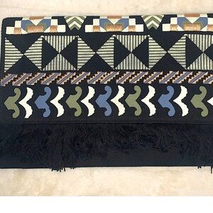 Stella & Dot Taj Multicolor Woven Tribal Fringed Geometric Envelope Clutch Bag